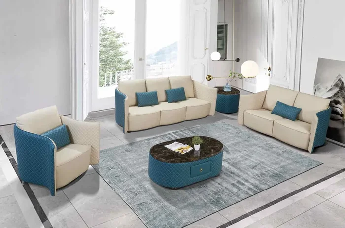 European Furniture – Makassar 3 Piece Living Room Set in Sand Beige & Blue – 52554-3SET