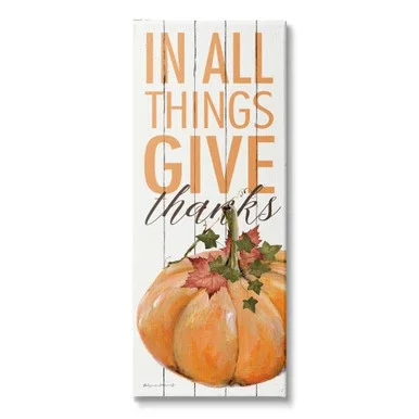 Fall Harvest “In All Things Give Thanks” Pumpkin Stretched Canvas Wall Art, 20″ x 48″
