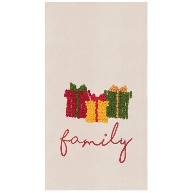 Family Presents Holiday Christmas Xmas French Knot Embroidered (Not Printed) Flour Sack Kitchen Towel Decor Decoration