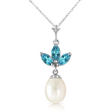 Galaxy Gold 14k 22″ Solid White Gold Necklace with Natural Blue Topaz and Pearl