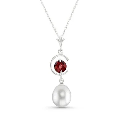 Galaxy Gold 14k 22″ White Gold Necklace with Natural Pearl and Garnet