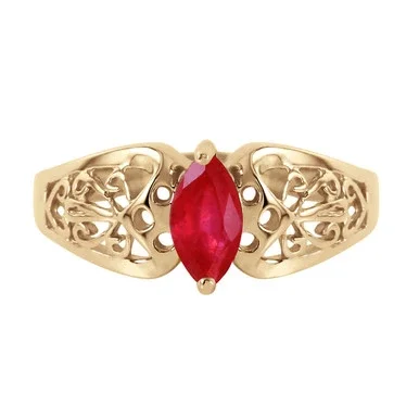 Galaxy Gold 14k Solid Yellow Gold Filigree Ring Marquise-Shaped 0.3 ct Ruby – 4619_Y_8_0