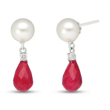 Galaxy Gold 14k White Gold Stud Earrings Diamonds, Rubies Pearls