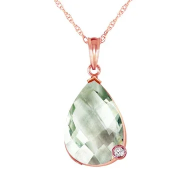Galaxy Gold 5.04 CT 14k 22″ Rose Gold Necklace Natural Briolette Checkerboard Cut Green Amethyst and Diamond Pendant