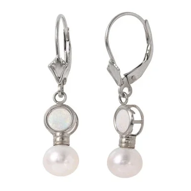 Galaxy Gold 5.17 CTW 14k High Polished Solid White Gold Leverback Earrings with Freshwater-cultured Pearl and Natural Opal