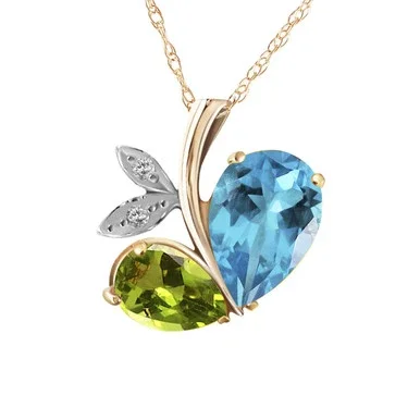 Galaxy Gold 5.26 CTW 14k 24″ Solid Gold Modern Heart Necklace Combination of Natural Blue Topaz, Peridot and Diamonds