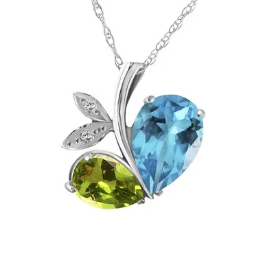 Galaxy Gold 5.26 CTW 14k 24″ Solid White Gold Modern Heart Necklace Combination of Natural Blue Topaz, Peridot and Diamonds
