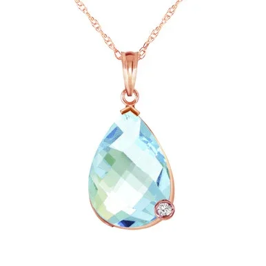 Galaxy Gold 6.54 Carat 14k14″ Solid Rose Gold Necklace with Natural Briolette Checkerboard Cut Blue Topaz and Diamond Pendant