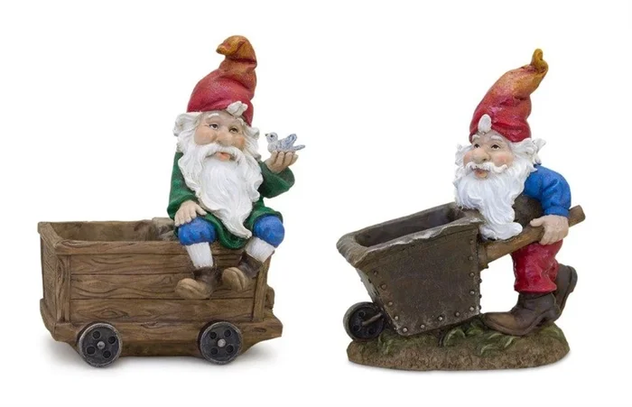 Gnome With Wheelbarrow and Wagon, Set of 2