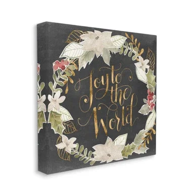 Gray and Gold Joy to the World Chic Wreath Holly XL Stretched Christmas Wall Art 30″ x 30″