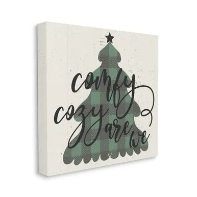 Green and Black “Comfy Cozy Are We” Plaid Christmas Tree Stretched Canvas Wall Art Decor 36″ x 36″
