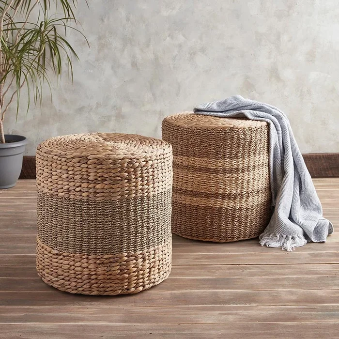 Grey Stripe Seagrass Pouf