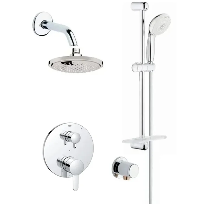 Grohe Europlus Pressure Balanced Shower System with Rain Shower Head, Handshower, Slide Bar, Wall Supply, Integrated Diverter and Volume Control – Rough-In Valve Included