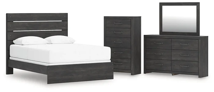 Hollivern Queen Panel Bed with Mirrored Dresser and Chest