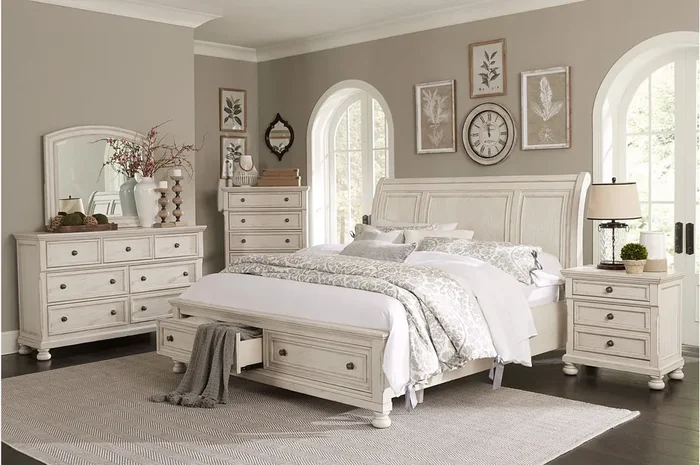 Homelegance – Bethel 6 Piece Queen Platform Bedroom Set in Wire-Brushed White – 2259W-1-6SET