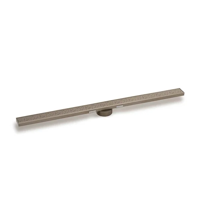 Infinity Drain 36” S-Stainless Steel Series High Flow Complete Kit with 2 1/2” Adhesion Style Grate in Satin Champagne with Cast Iron Drain Body, 3” No Hub Outlet