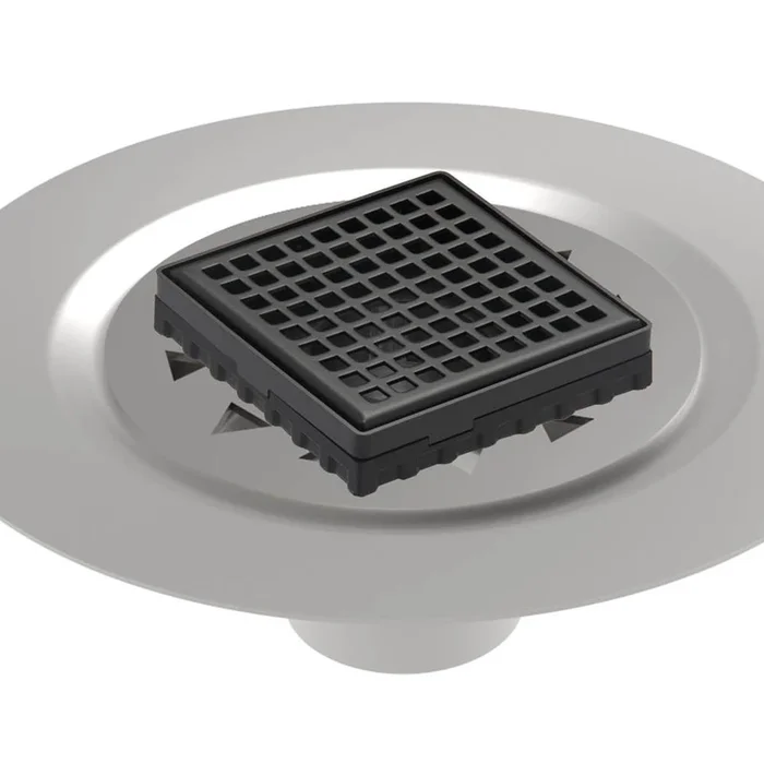 Infinity Drain 4” x 4” LQD 4 Squares Pattern Complete Kit in Matte Black with Stainless Steel Bonded Flange, 2” No Hub Outlet