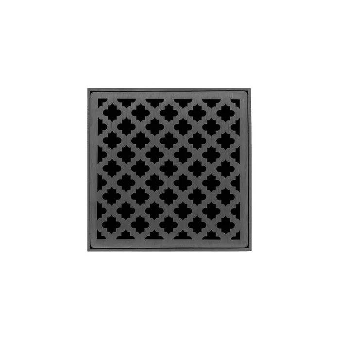 Infinity Drain 4” x 4” MD 4 Complete Kit with Moor Pattern Decorative Plate in Gunmetal with Cast Iron Drain Body, 2” Outlet