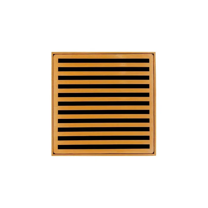 Infinity Drain 4” x 4” NDB 4 Complete Kit with Lines Pattern Decorative Plate in Polished Gold with PVC Bonded Flange Drain Body, 2”, 3” and 4” Outlet