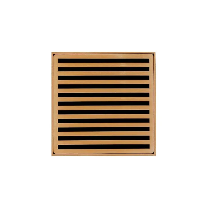 Infinity Drain 4” x 4” NDB 4 Complete Kit with Lines Pattern Decorative Plate in Polished Brass with PVC Bonded Flange Drain Body, 2”, 3” and 4” Outlet