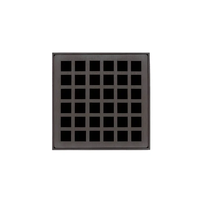 Infinity Drain 4” x 4” QD 4 Complete Kit with Squares Pattern Decorative Plate in Oil Rubbed Bronze with PVC Drain Body, 2” Outlet