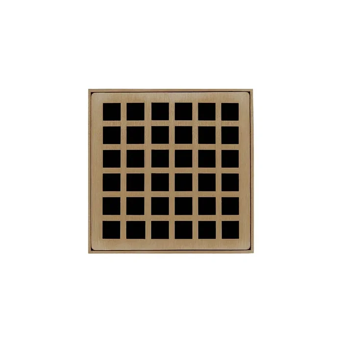 Infinity Drain 4” x 4” QD 4 Complete Kit with Squares Pattern Decorative Plate in Satin Bronze with ABS Drain Body, 2” Outlet