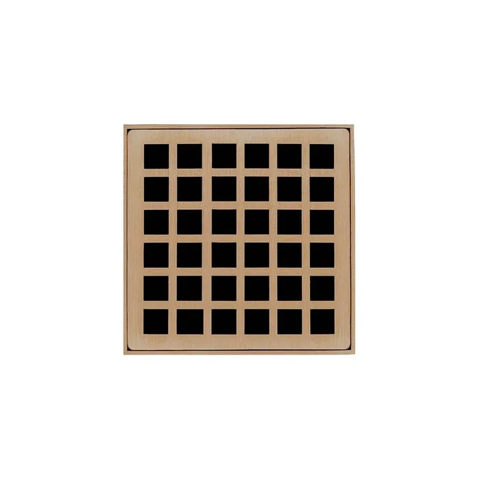 Infinity Drain 4” x 4” Strainer with Squares Pattern Decorative Plate and 2” Throat in Satin Champagne for QD 4