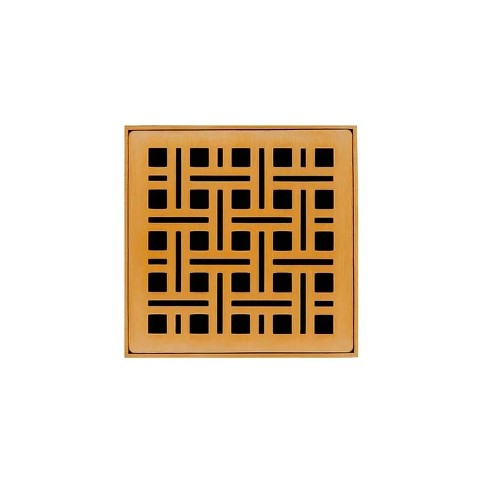 Infinity Drain 4” x 4” VD 4 Complete Kit with Weave Pattern Decorative Plate in Polished Gold with Cast Iron Drain Body, 2” Outlet
