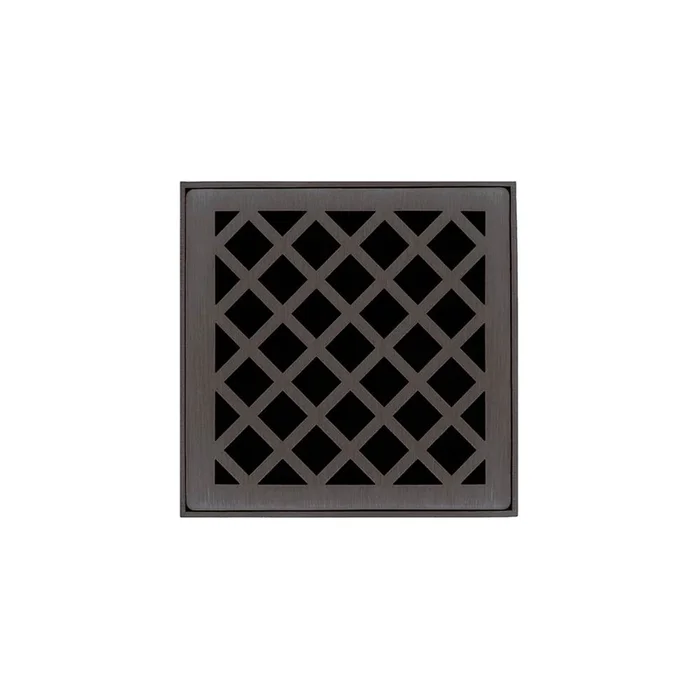 Infinity Drain 4” x 4” XDB 4 Complete Kit with Criss-Cross Pattern Decorative Plate in Oil Rubbed Bronze with PVC Bonded Flange Drain Body, 2”, 3” and 4” Outlet