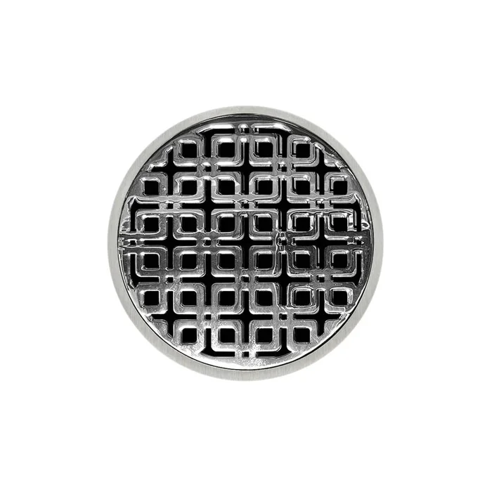 Infinity Drain 5” Round RKDB 5 Complete Kit with Link Pattern Decorative Plate in Polished Stainless with Stainless Steel Bonded Flange Drain Body, 2” No Hub Outlet