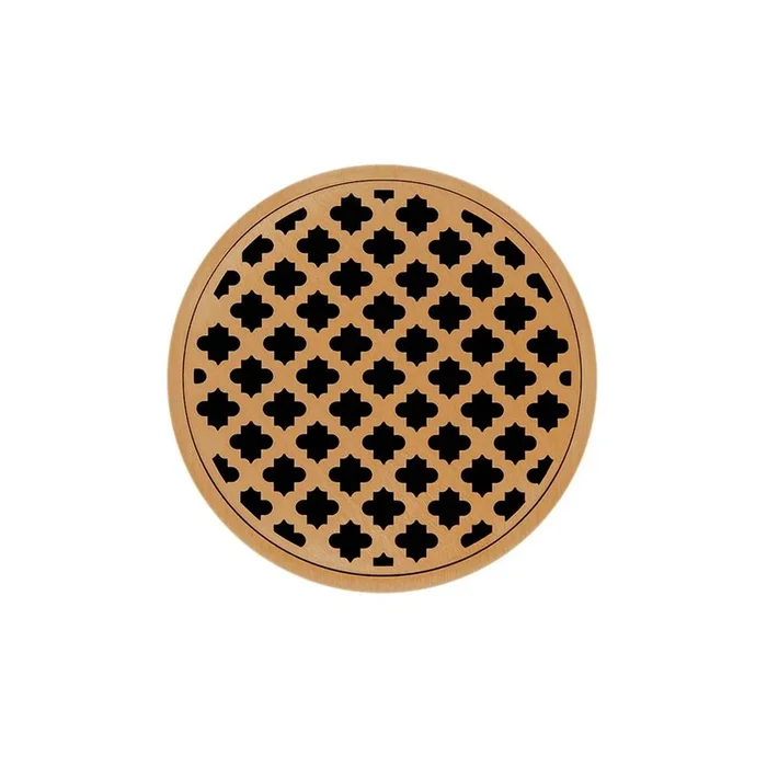 Infinity Drain 5” Round RMDB 5 Complete Kit with Moor Pattern Decorative Plate in Polished Brass with Stainless Steel Bonded Flange Drain Body, 2” No Hub Outlet