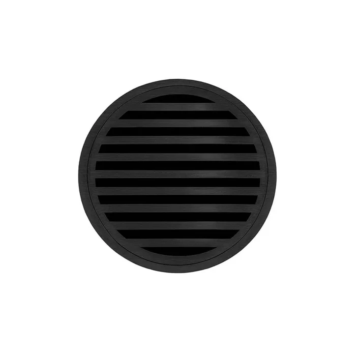 Infinity Drain 5” Round RND 5 High Flow Complete Kit with Lines Pattern Decorative Plate in Matte Black with PVC Drain Body, 3” Outlet