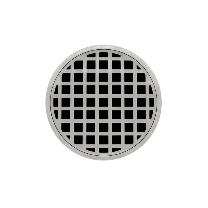 Infinity Drain 5” Round RQD 5 Complete Kit with Squares Pattern Decorative Plate in Satin Stainless with Cast Iron Drain Body, 2” Outlet