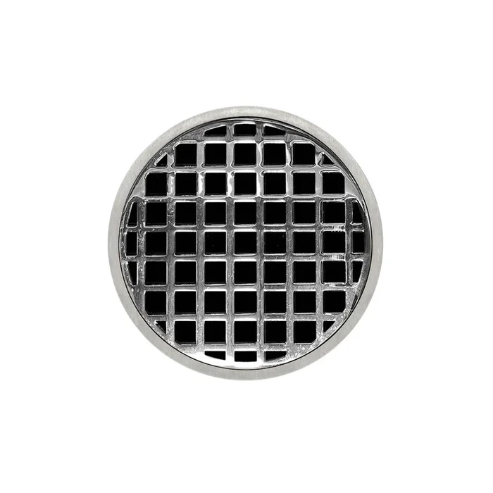 Infinity Drain 5” Round RQD 5 High Flow Complete Kit with Squares Pattern Decorative Plate in Polished Stainless with PVC Drain Body, 3” Outlet