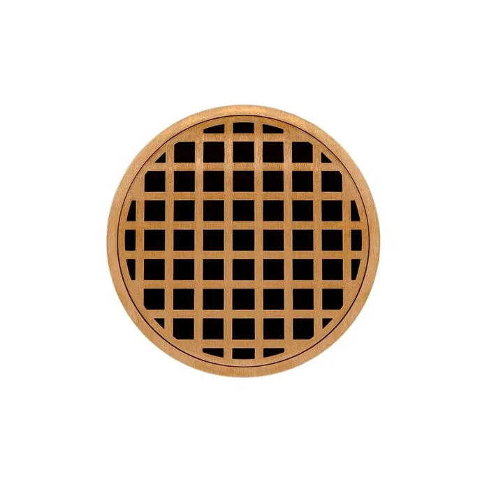 Infinity Drain 5” Round RQDB 5 Complete Kit with Squares Pattern Decorative Plate in Polished Brass with ABS Bonded Flange Drain Body, 2”, 3” and 4” Outlet