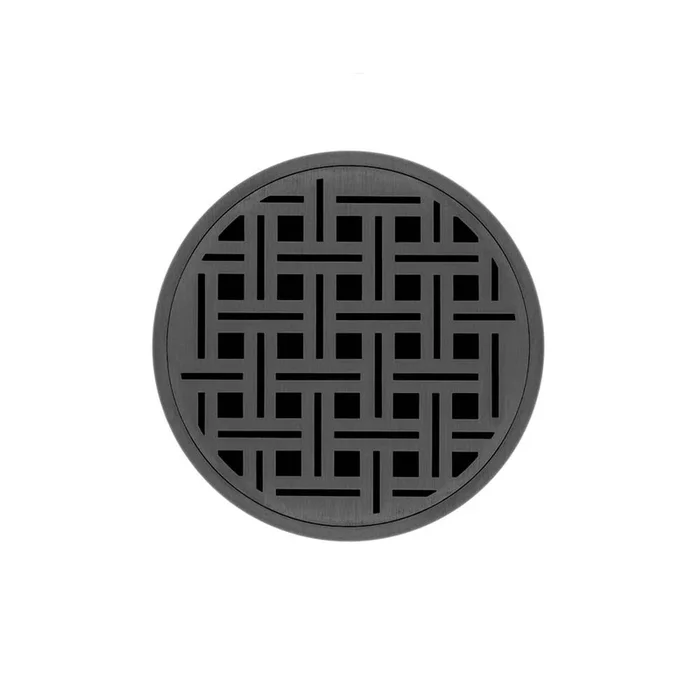 Infinity Drain 5” Round RVD 5 Complete Kit with Weave Pattern Decorative Plate in Gunmetal with Cast Iron Drain Body, 2” Outlet