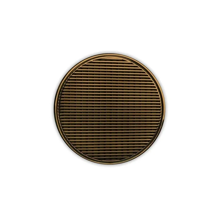Infinity Drain 5” Round RWD 5 High Flow Complete Kit with Wedge Wire Pattern Decorative Plate in Polished Brass with Cast Iron Drain Body, 3” No-Hub Outlet