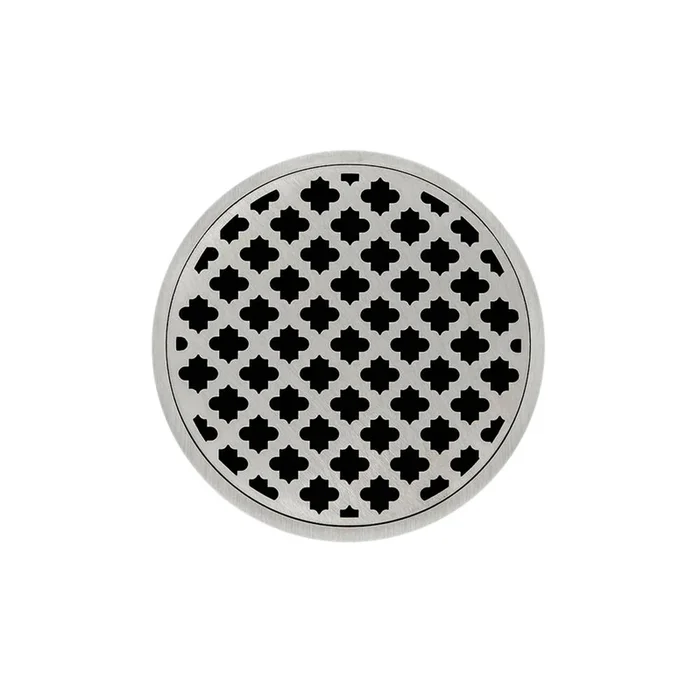 Infinity Drain 5” Round Strainer with Moor Pattern Decorative Plate and 2” Throat in Satin Stainless for RMD 5