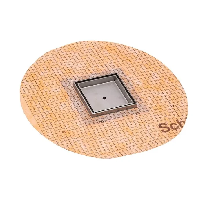 Infinity Drain 5” x 5” Flanged Tile Drain Strainer with Factory Applied Schluter® Kerdi Membrane for 3/8” tile in Polished Stainless with ABS Drain Body, 2” Outlet