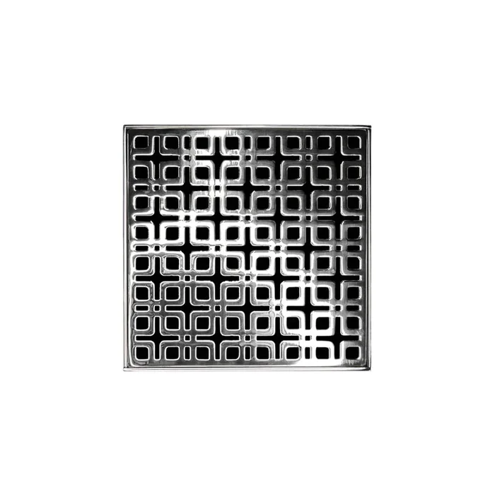 Infinity Drain 5” x 5” KDB 5 Complete Kit with Link Pattern Decorative Plate in Polished Stainless with Stainless Steel Bonded Flange Drain Body, 2” No Hub Outlet