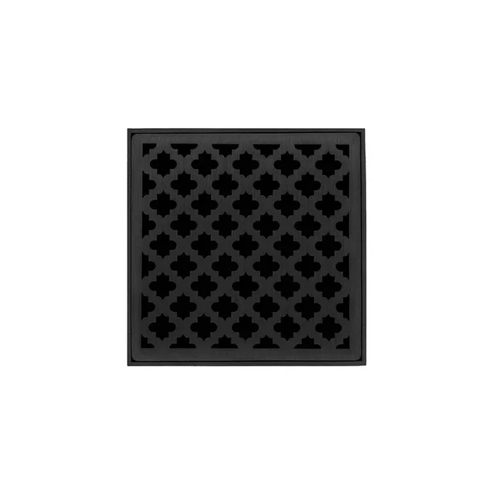 Infinity Drain 5” x 5” MD 5 Complete Kit with Moor Pattern Decorative Plate in Matte Black with PVC Drain Body, 2” Outlet