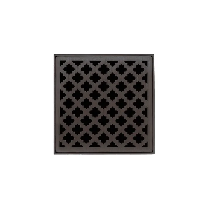 Infinity Drain 5” x 5” MD 5 High Flow Complete Kit with Moor Pattern Decorative Plate in Oil Rubbed Bronze with Cast Iron Drain Body, 3” No-Hub Outlet