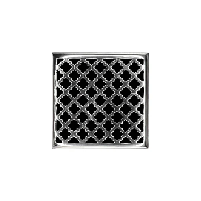 Infinity Drain 5” x 5” MDB 5 Complete Kit with Moor Pattern Decorative Plate in Polished Stainless with PVC Bonded Flange Drain Body, 2”, 3” and 4” Outlet