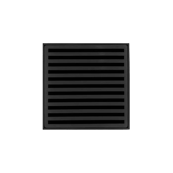 Infinity Drain 5” x 5” ND 5 High Flow Complete Kit with Lines Pattern Decorative Plate in Matte Black with Cast Iron Drain Body, 3” No-Hub Outlet