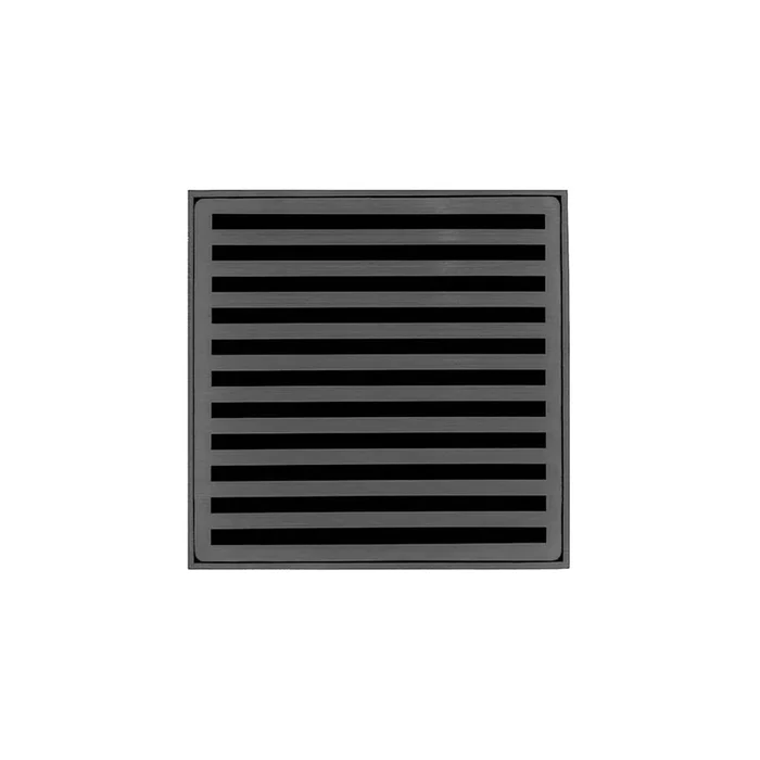 Infinity Drain 5” x 5” ND 5 High Flow Complete Kit with Lines Pattern Decorative Plate in Gunmetal with PVC Drain Body, 3” Outlet