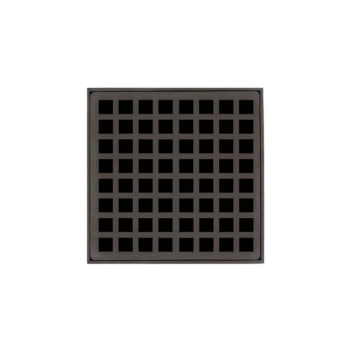 Infinity Drain 5” x 5” QD 5 Complete Kit with Squares Pattern Decorative Plate in Oil Rubbed Bronze with Cast Iron Drain Body, 2” Outlet