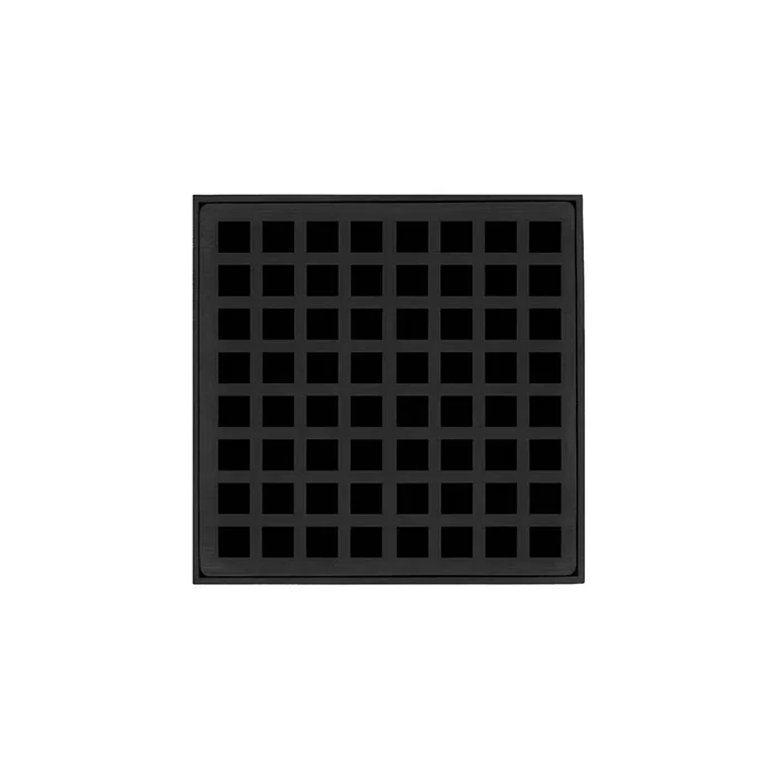 Infinity Drain 5” x 5” QDB 5 Complete Kit with Squares Pattern Decorative Plate in Matte Black with Stainless Steel Bonded Flange Drain Body, 2” No Hub Outlet