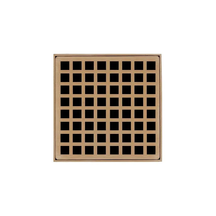 Infinity Drain 5” x 5” QDB 5 Complete Kit with Squares Pattern Decorative Plate in Satin Champagne with Stainless Steel Bonded Flange Drain Body, 2” No Hub Outlet