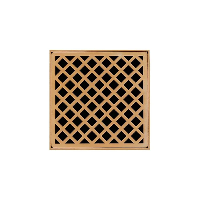 Infinity Drain 5” x 5” XD 5 High Flow Complete Kit with Criss-Cross Pattern Decorative Plate in Polished Brass with Cast Iron Drain Body, 3” No-Hub Outlet
