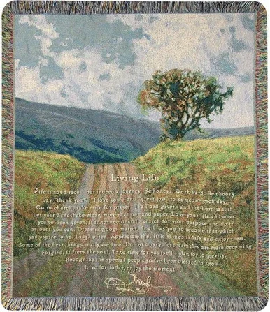 Inspirational “Living Life Road” Blue and Green Throw Blanket with Fringe Border 60″ X 50″ – 32734957